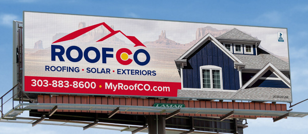 Roofco billboard along a Denver highway — Roofing · Solar · Exteriors · 303-883-8600 · MyRoofCO.com