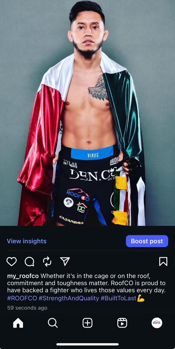 Instagram post by @my_roofco featuring a sponsored Denver fighter wearing RoofCO gear
